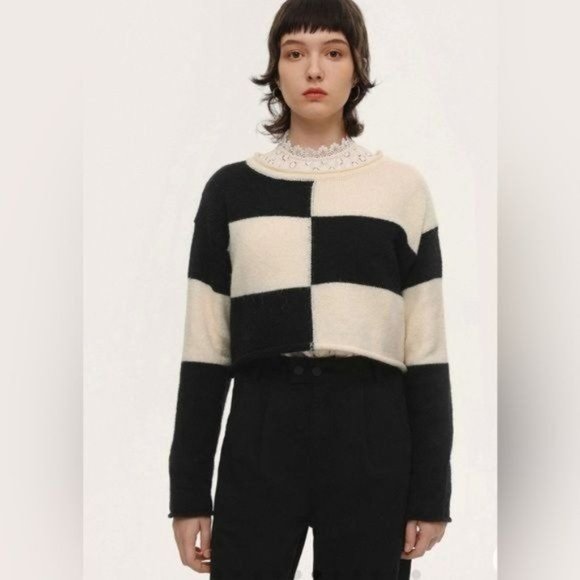 Cider Sweaters Cider Wool Blend Checkerboard Crew Neck Cropped
